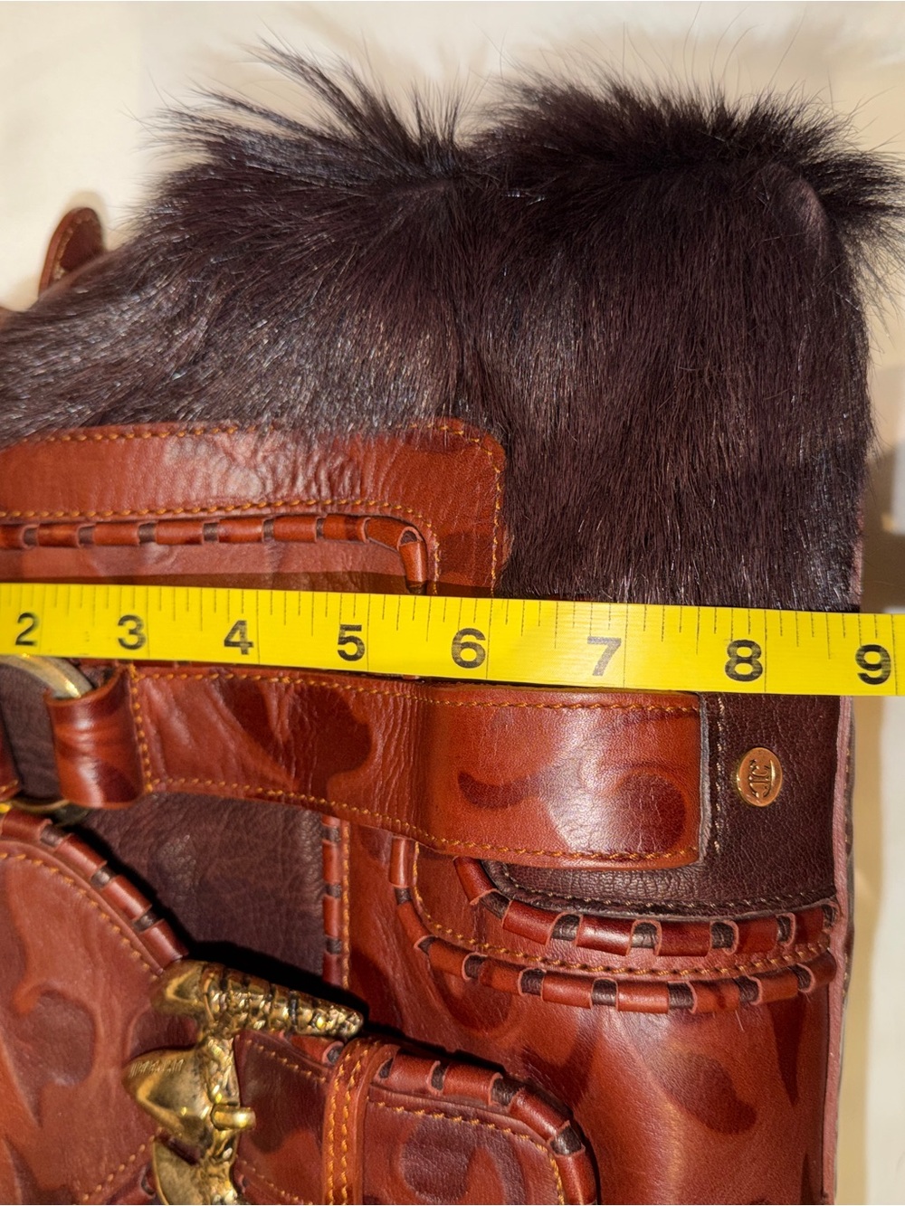 Just Cavalli Vintage brownLeather and Fur Accent Shoulder Bag with Gold Hardware - Picture 14 of 16